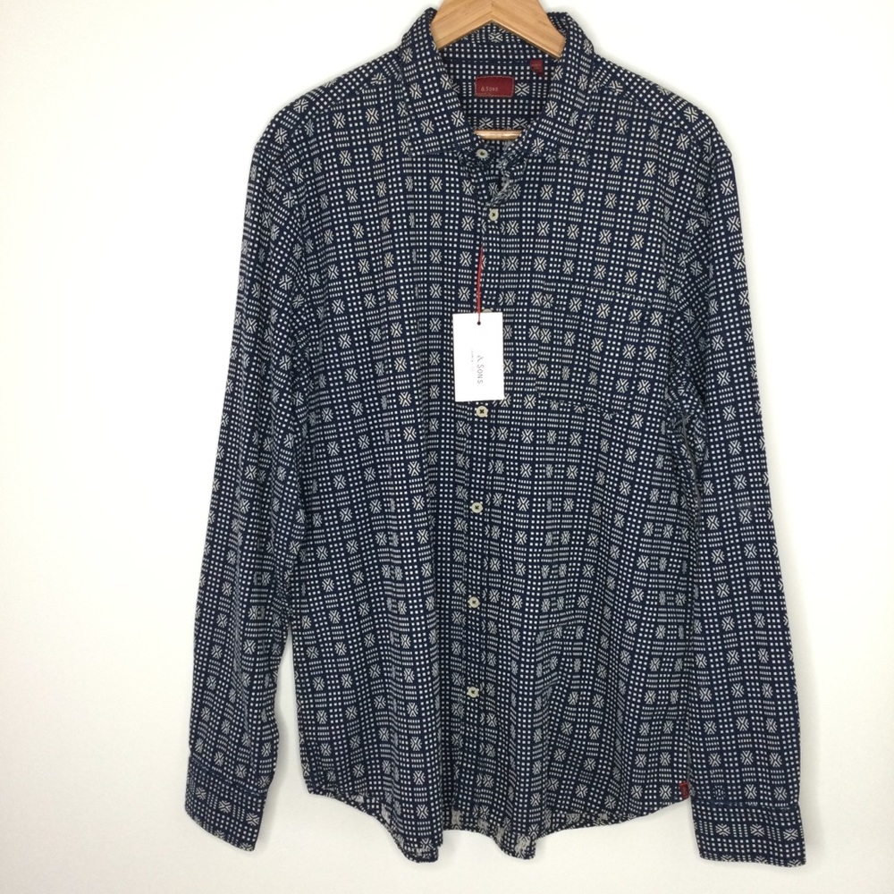 & Sons Garment Co. Indigo Dobby Button Up Shirt Blue White Size XXL
